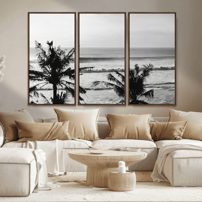 17508038-MGV-FC-48X32-3P_Walnut-Tropical Coastline Wall Art Canvas Print, Framed Palm Trees Art Picture Print, Ocean Waves Perfect Minimalist Coastal Decor