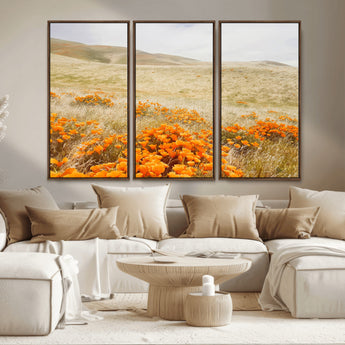 28972262-MGV-CV-36X24-Golden Wildflowers Wall Art Canvas Print, Framed Hills Bloom Art Picture Print, Poppy Meadow Perfect Rustic Nature Decor Artwork