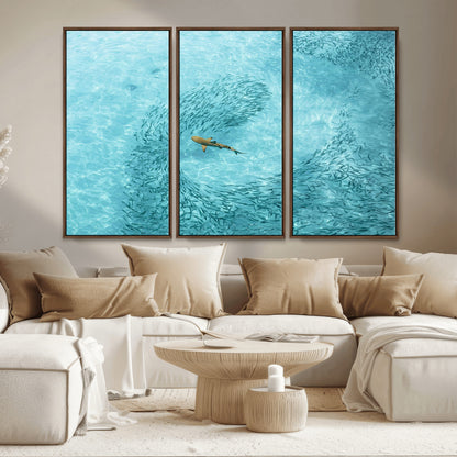 43671474-MGV-CV-36X24-Fish Swarm Wall Art Canvas Print, Framed Marine Life Art Picture Print, Shark Aerial Perfect Wildlife Coastal Decor Artwork