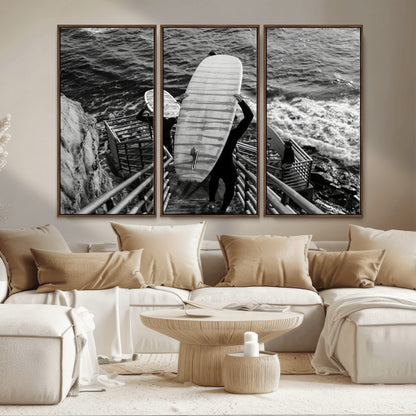 32353707-MGV-CV-36X24-Black White Surfing Wall Art Canvas Print, Framed Coastal Surfing Art Picture Print, Wave Riders Perfect Coastal Adventure Decor