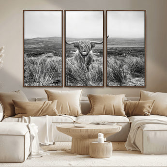 24051061-MGV-CV-36X24-Monochrome Highland Cow Wall Art Canvas Print, Framed Scottish Bull Art Picture Print, Lone Cattle Perfect Rustic Farmhouse Decor
