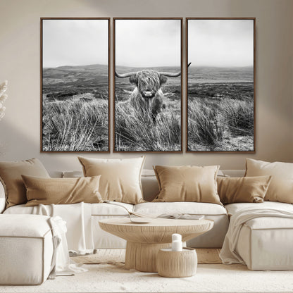 24051061-MGV-CV-36X24-Monochrome Highland Cow Wall Art Canvas Print, Framed Scottish Bull Art Picture Print, Lone Cattle Perfect Rustic Farmhouse Decor