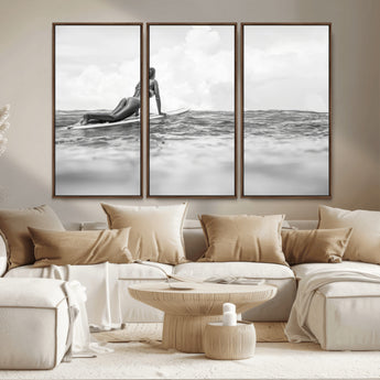 69798068-MGV-CV-36X24-Black White Surfing Wall Art Canvas Print, Framed Ocean Horizon Art Picture Print, Surfer Girl Perfect Coastal Adventure Decor