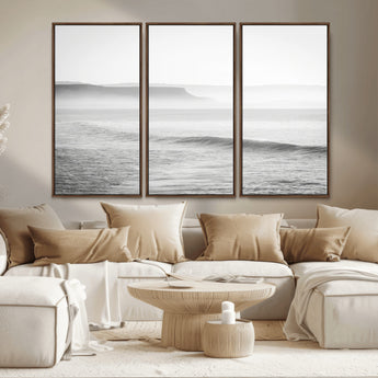 60635783-MGV-CV-36X24-Black White Seascape Wall Art Canvas Print, Framed Ocean Waves Art Picture Print, Misty Coastal Perfect Minimalist Coastal Decor