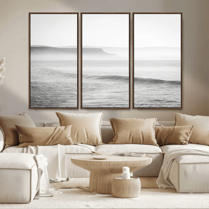 60635783-MGV-CV-36X24-Black White Seascape Wall Art Canvas Print, Framed Ocean Waves Art Picture Print, Misty Coastal Perfect Minimalist Coastal Decor