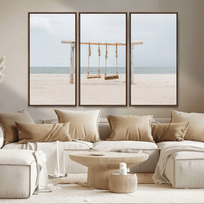 68327283-MGV-CV-36X24-Beach Swing Wall Art Canvas Print, Framed Quiet Beach Art Picture Print, Calm Shoreline Perfect Bohemian Coastal Decor Artwork