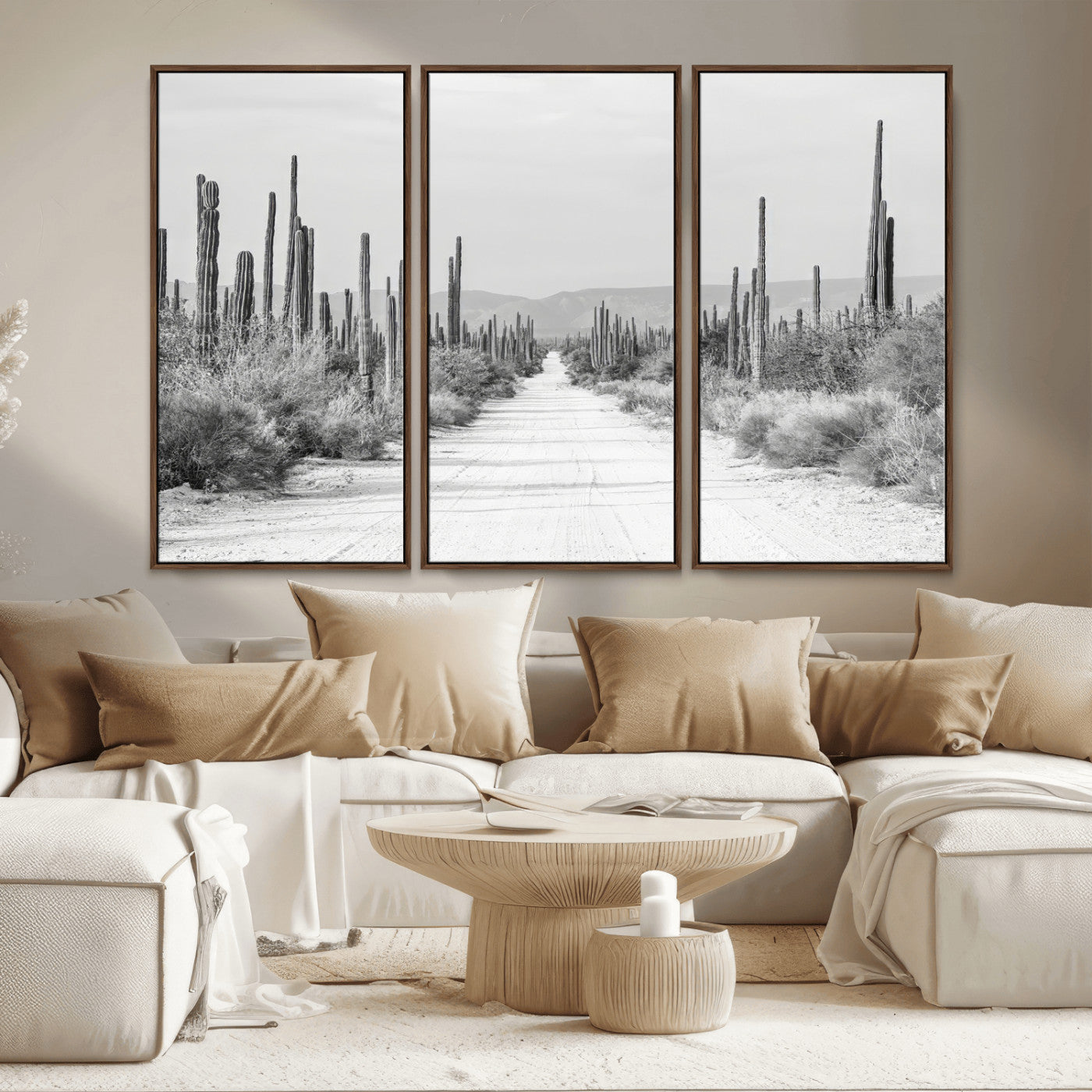 35537313-MGV-CV-36X24-Monochrome Desert Wall Art Canvas Print, Framed Cactus Path Art Picture Print, Southwestern Landscape Perfect Southwestern
