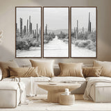 35537313-MGV-CV-36X24-Monochrome Desert Wall Art Canvas Print, Framed Cactus Path Art Picture Print, Southwestern Landscape Perfect Southwestern