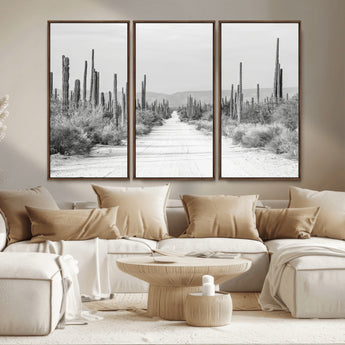 35537313-MGV-CV-36X24-Monochrome Desert Wall Art Canvas Print, Framed Cactus Path Art Picture Print, Southwestern Landscape Perfect Southwestern