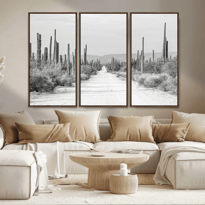 35537313-MGV-CV-36X24-Monochrome Desert Wall Art Canvas Print, Framed Cactus Path Art Picture Print, Southwestern Landscape Perfect Southwestern