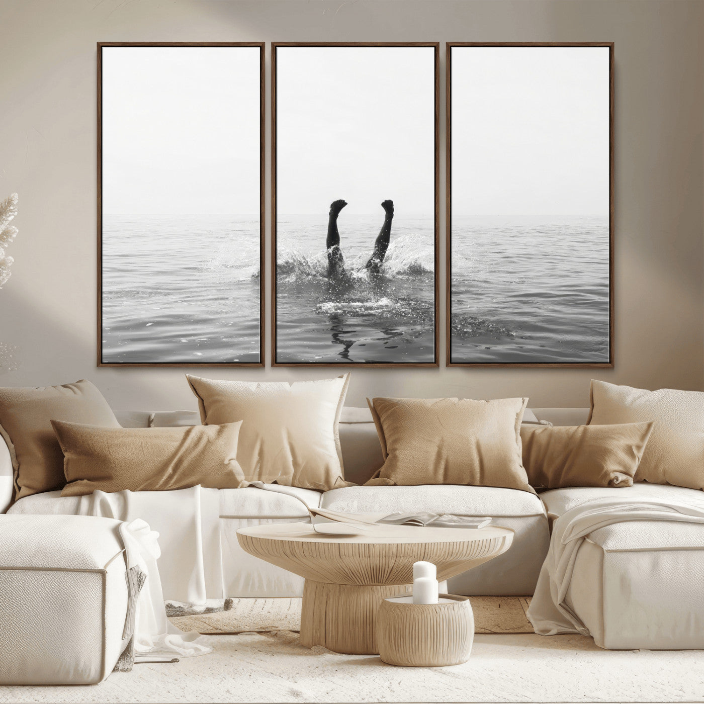26667396-MGV-CV-36X24-Black White Ocean Wall Art Canvas Print, Framed Monochrome Water Art Picture Print, Diving into Water Perfect Minimalist Aquatic