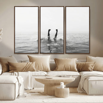 26667396-MGV-CV-36X24-Black White Ocean Wall Art Canvas Print, Framed Monochrome Water Art Picture Print, Diving into Water Perfect Minimalist Aquatic