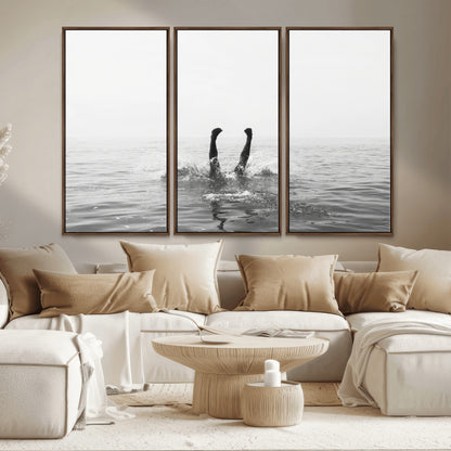 26667396-MGV-CV-36X24-Black White Ocean Wall Art Canvas Print, Framed Monochrome Water Art Picture Print, Diving into Water Perfect Minimalist Aquatic