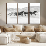 69934913-MGV-CV-36X24-Wild Horses Running Wall Art Canvas Print, Framed Black White Mustangs Art Picture Print, Rustic Western Perfect Rustic Western