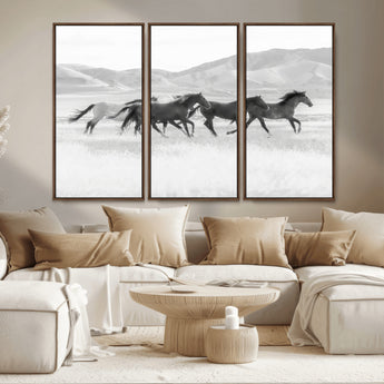 69934913-MGV-CV-36X24-Wild Horses Running Wall Art Canvas Print, Framed Black White Mustangs Art Picture Print, Rustic Western Perfect Rustic Western