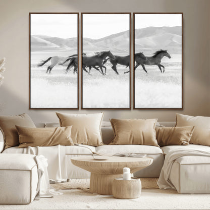 69934913-MGV-CV-36X24-Wild Horses Running Wall Art Canvas Print, Framed Black White Mustangs Art Picture Print, Rustic Western Perfect Rustic Western