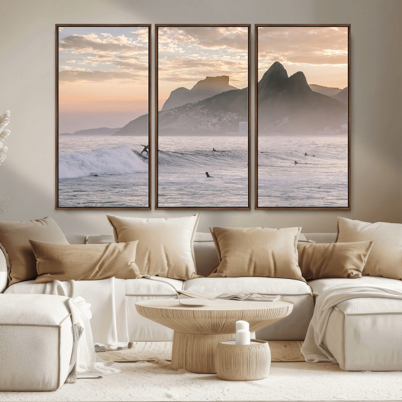 70644906-MGV-FC-48X32-3P_Walnut-Sunset Surfing Wall Art Canvas Print, Framed Misty Mountains Art Picture Print, Surfer Riding Wave Perfect Coastal Adventure Decor