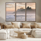 70644906-MGV-FC-48X32-3P_Walnut-Sunset Surfing Wall Art Canvas Print, Framed Misty Mountains Art Picture Print, Surfer Riding Wave Perfect Coastal Adventure Decor