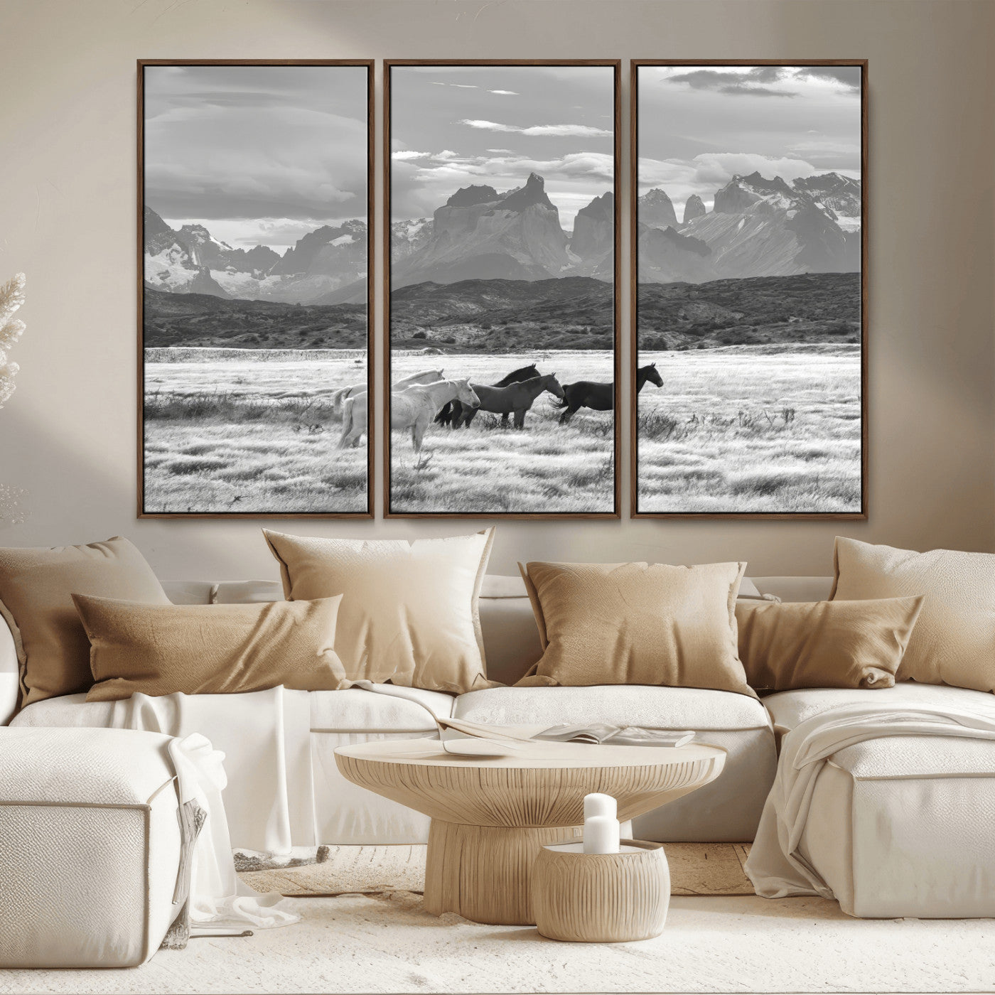 21655040-MGV-CV-36X24-Wild Horses Wall Art Canvas Print, Framed Black White Mountains Art Picture Print, Rustic Countryside Perfect Rustic Western Decor