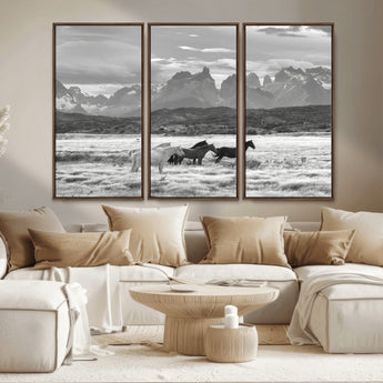 21655040-MGV-CV-36X24-Wild Horses Wall Art Canvas Print, Framed Black White Mountains Art Picture Print, Rustic Countryside Perfect Rustic Western Decor