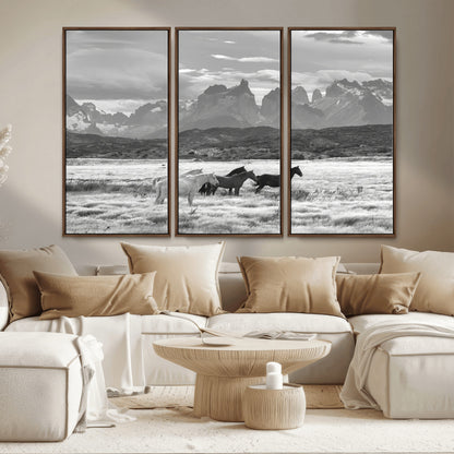 21655040-MGV-CV-36X24-Wild Horses Wall Art Canvas Print, Framed Black White Mountains Art Picture Print, Rustic Countryside Perfect Rustic Western Decor