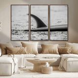 62314230-MGV-CV-36X24-Black White Surfboard Wall Art Canvas Print, Framed Minimalist Beach Art Picture Print, Surf Fin Perfect Minimalist Coastal Decor