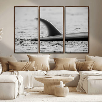 62314230-MGV-CV-36X24-Black White Surfboard Wall Art Canvas Print, Framed Minimalist Beach Art Picture Print, Surf Fin Perfect Minimalist Coastal Decor