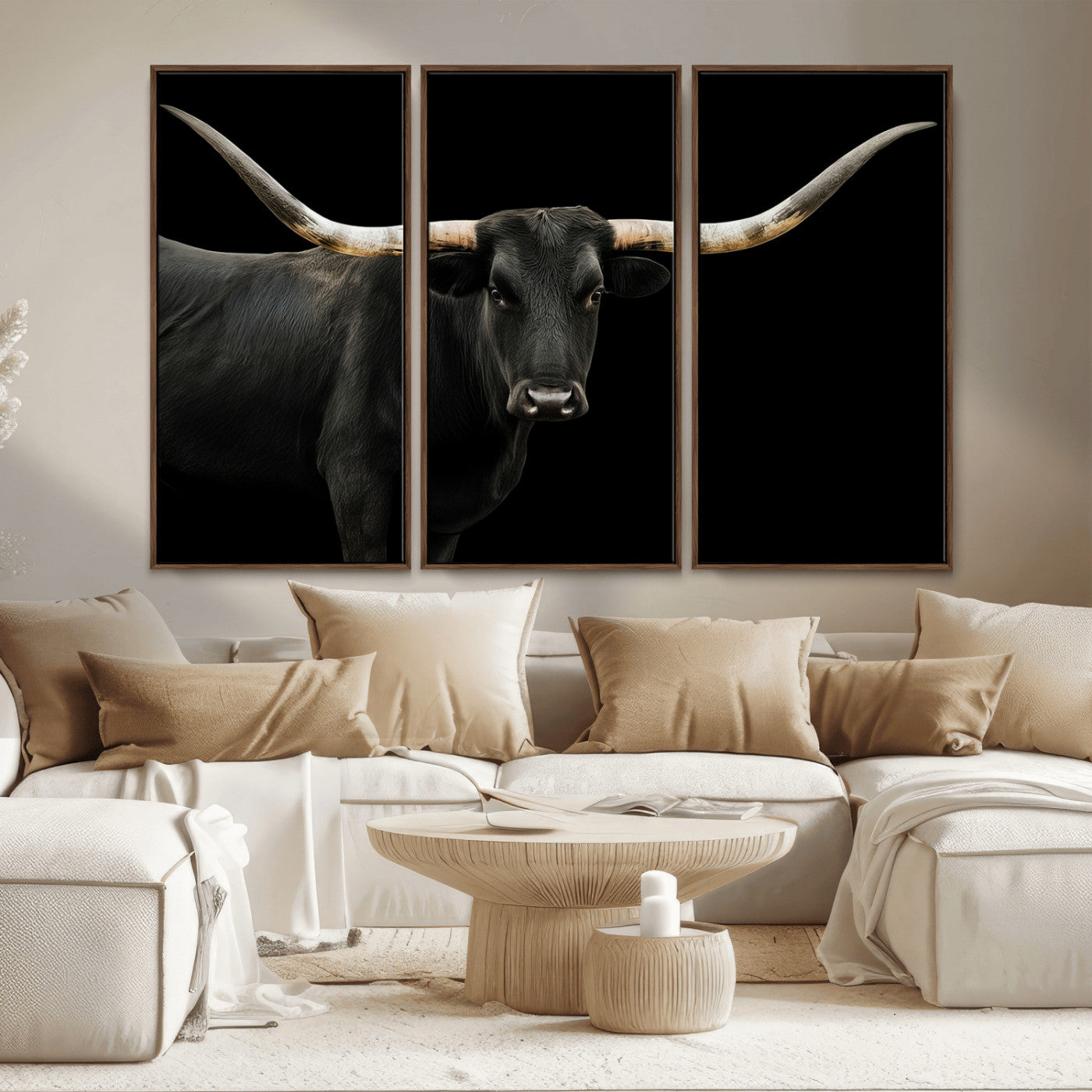 99448328-MGV-CV-36X24-Longhorn Cattle Wall Art Canvas Print, Framed Texas Ranch Art Picture Print, Western Cow Perfect Farmhouse Decor Artwork