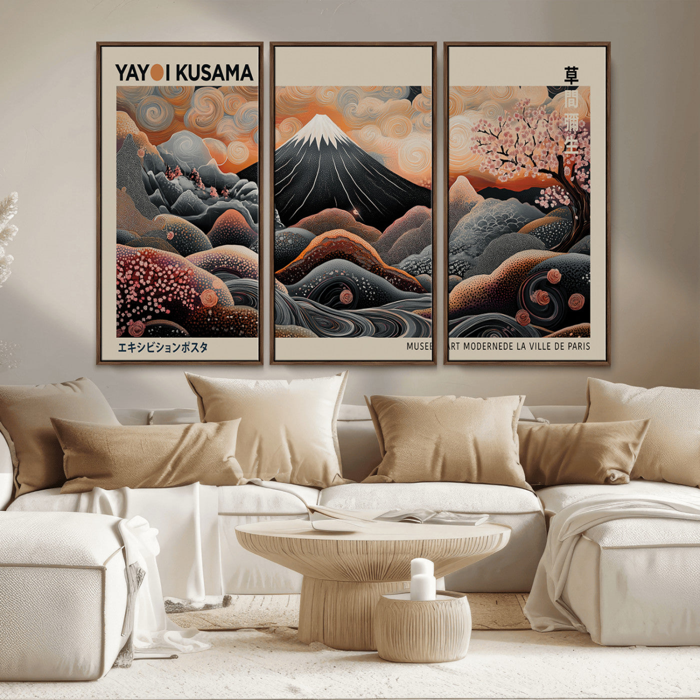 55739266-MGV-CV-36X24-Japanese Wall Art Print – Abstract Yayoi Kusama Inspired Dotted Landscape Poster, Surreal Oriental Mountain and Cherry Blossom