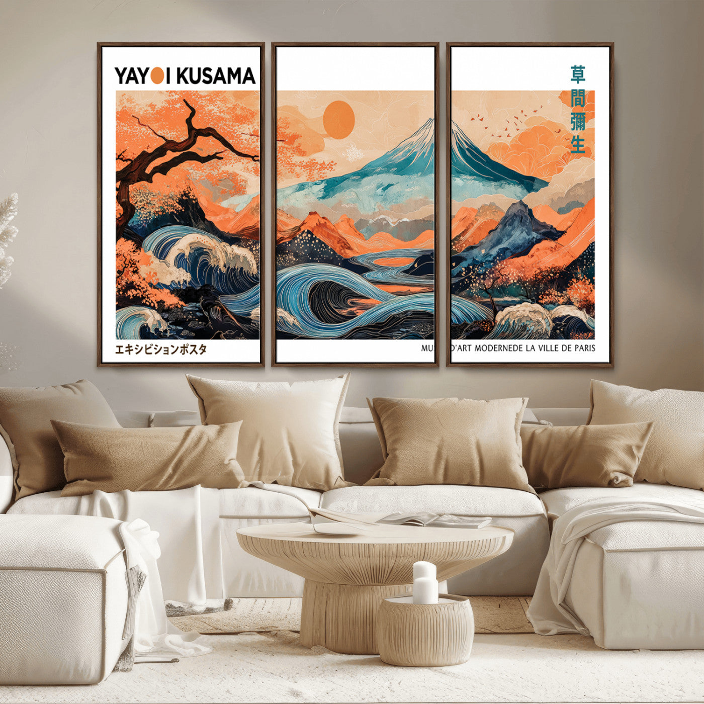 88785870-MGV-CV-36X24-Japanese Great Wave & Mt Fuji Wall Art – Ukiyo e Style Landscape Print with Flowing River, Autumn Mountain Poster, Oriental Asian