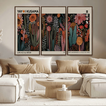 28344895-MGV-CV-36X24-Dark Floral Abstract Wall Art Poster – Modern Botanical Canvas Print with Beige Border, Kusama Inspired Boho Flower Painting,