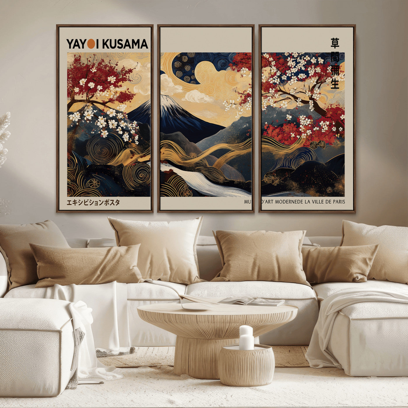 54967195-MGV-CV-36X24-Mount Fuji Wall Art – Japanese Cherry Blossom Abstract Canvas Print, Navy Gold Landscape Painting, Oriental Luxury Home Decor