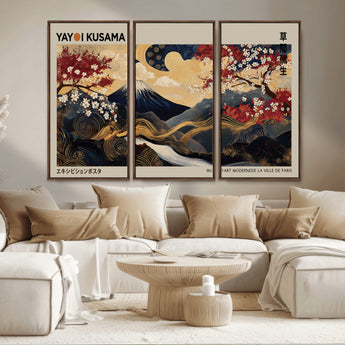 54967195-MGV-CV-36X24-Mount Fuji Wall Art – Japanese Cherry Blossom Abstract Canvas Print, Navy Gold Landscape Painting, Oriental Luxury Home Decor