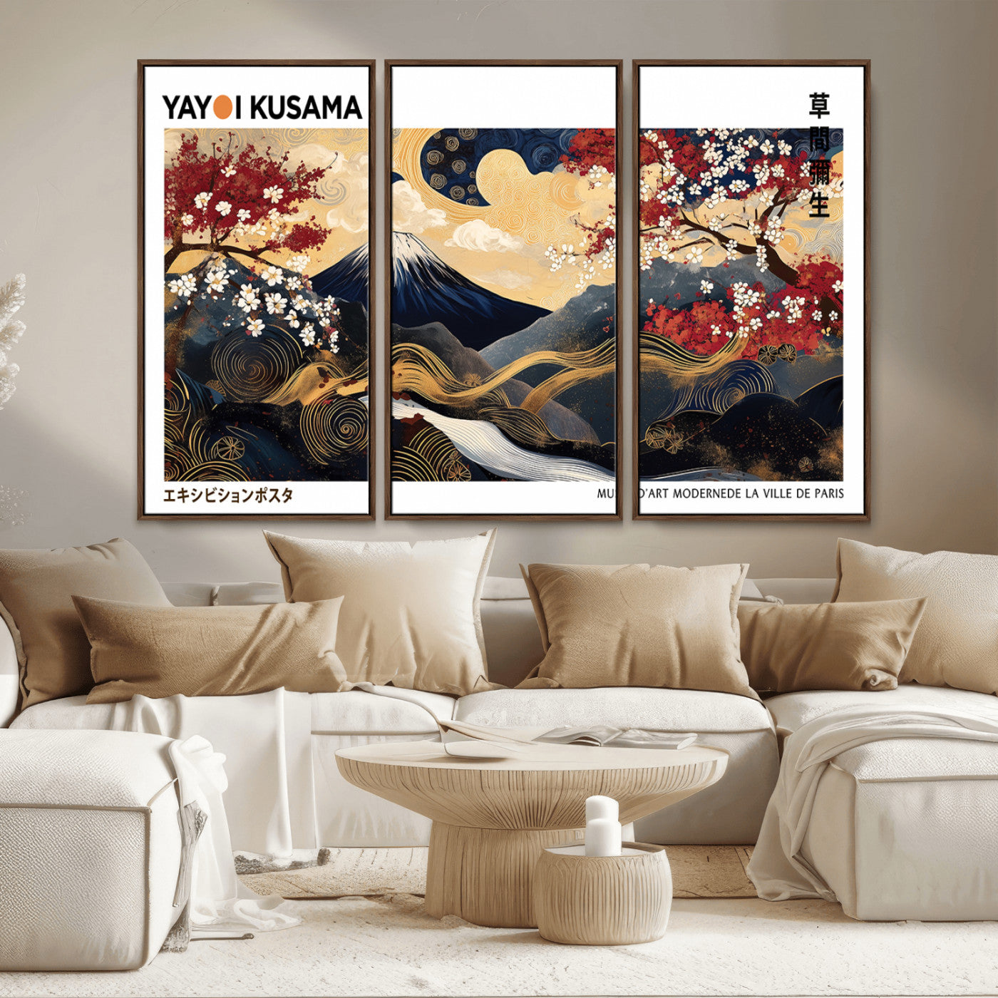66243961-MGV-CV-36X24-Mount Fuji Japanese Wall Art – Golden Abstract Landscape Canvas Print, Cherry Blossom Painting, Modern Oriental Zen Home Decor