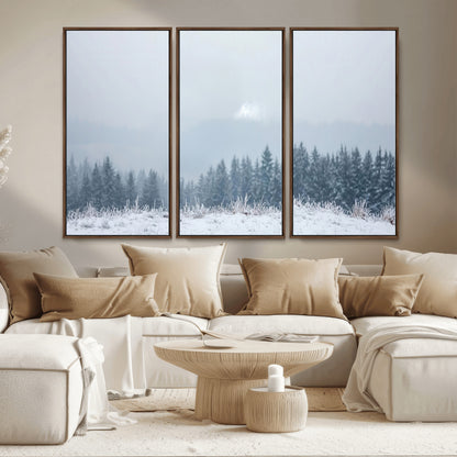 33033082-MGV-CV-36X24-Winter Forest Art Wall Art Canvas Print, Framed Snowy Landscape Art Picture Print, Misty Tree Scene Perfect Nordic Minimalist