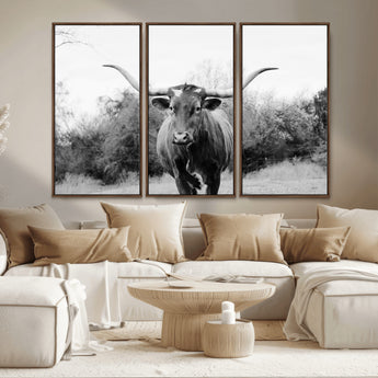 97280319-MGV-CV-36X24-Longhorn Photography Wall Art Canvas Print, Framed Western Cow Decor Art Picture Print, Texas Ranch Style Perfect Rustic Farmhouse