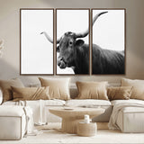 99244177-MGV-CV-36X24-Longhorn Photography Wall Art Canvas Print, Framed Western Cow Decor Art Picture Print, Black White Bull Perfect Modern Rustic