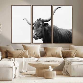 99244177-MGV-CV-36X24-Longhorn Photography Wall Art Canvas Print, Framed Western Cow Decor Art Picture Print, Black White Bull Perfect Modern Rustic