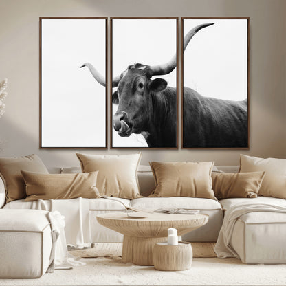 99244177-MGV-CV-36X24-Longhorn Photography Wall Art Canvas Print, Framed Western Cow Decor Art Picture Print, Black White Bull Perfect Modern Rustic