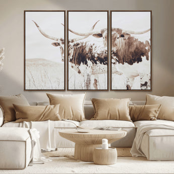 48161868-MGV-CV-36X24-Longhorn Cow Decor Wall Art Canvas Print, Framed Rustic Cattle Art Picture Print, Sepia Western Vibe Perfect Neutral Rustic
