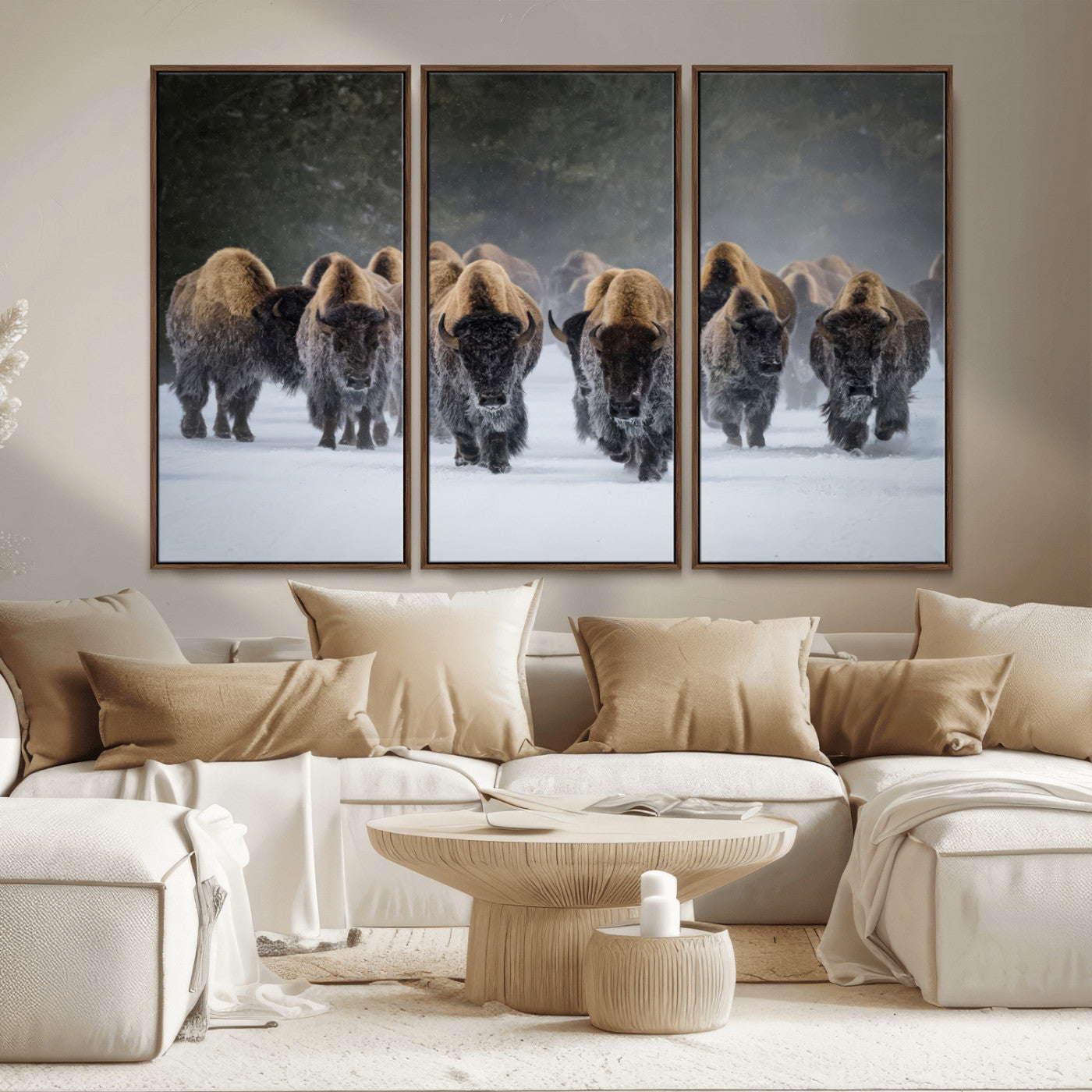 41669135-MGV-CV-36X24-Bison Herd Scene Wall Art Canvas Print, Framed Rustic Wildlife Decor Art Picture Print, Snowy Bison Landscape Perfect Rustic