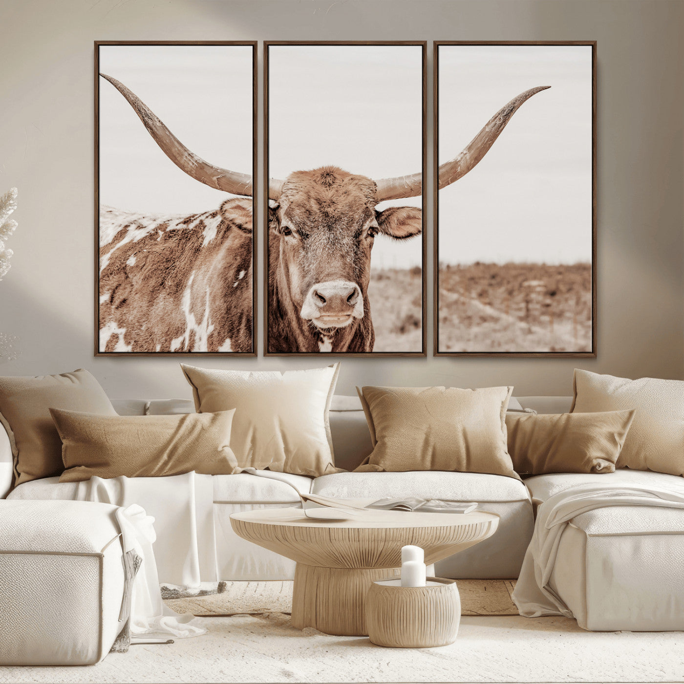 77810049-MGV-CV-36X24-Longhorn Bull Photo Wall Art Canvas Print, Framed Rustic Cow Decor Art Picture Print, Neutral Farmhouse Style Perfect Rustic