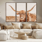 74406977-MGV-CV-36X24-Longhorn Bull Decor Wall Art Canvas Print, Framed Western Cow Theme Art Picture Print, Rustic Farmhouse Wall Perfect Neutral