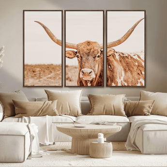 74406977-MGV-CV-36X24-Longhorn Bull Decor Wall Art Canvas Print, Framed Western Cow Theme Art Picture Print, Rustic Farmhouse Wall Perfect Neutral