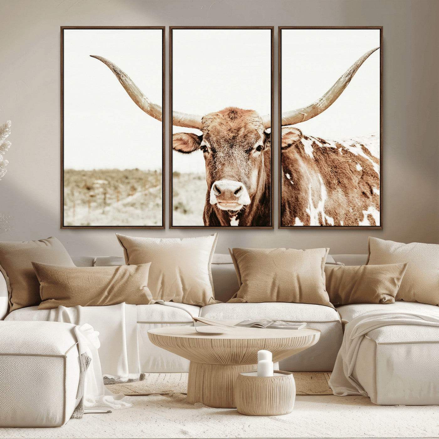 98924580-MGV-CV-36X24-Texas Longhorn Bull Wall Art Canvas Print, Framed Rustic Farmhouse Decor Art Picture Print, Western Animal Theme Perfect Rustic