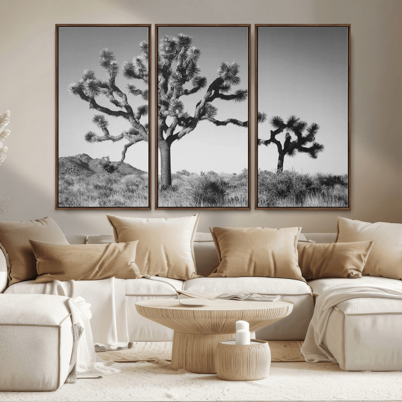 93692513-MGV-FC-48X32-3P_Walnut-Joshua Tree Wall Art Canvas Print, Framed Monochrome Desert Art Picture Print, Minimalist Nature Scene Perfect Southwestern