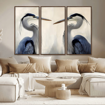 18230556-MGV-CV-36X24-Blue Heron Pair Wall Art Canvas Print, Framed Coastal Bird Theme Art Picture Print, Tranquil Wildlife Scene Perfect Coastal