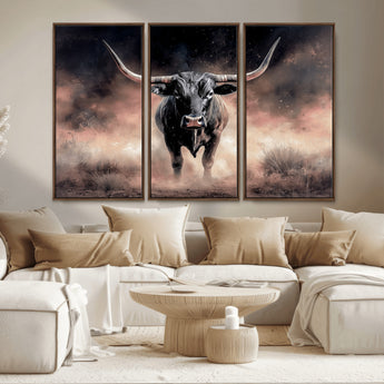 71457818-MGV-CV-36X24-Longhorn Wall Art Wall Art Canvas Print, Framed Western Bull Canvas Art Picture Print, Rustic Cow Decor Perfect Western Dramatic