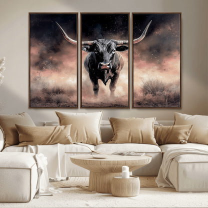 71457818-MGV-CV-36X24-Longhorn Wall Art Wall Art Canvas Print, Framed Western Bull Canvas Art Picture Print, Rustic Cow Decor Perfect Western Dramatic