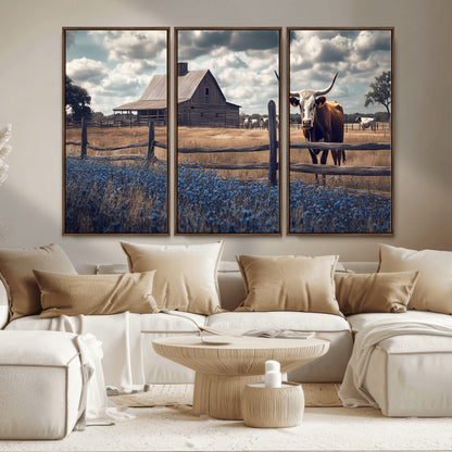 51092814-MGV-CV-36X24-Texas Longhorn Wall Art Wall Art Canvas Print, Framed Rustic Barn Canvas Art Picture Print, Farmhouse Cow Decor Perfect Rustic